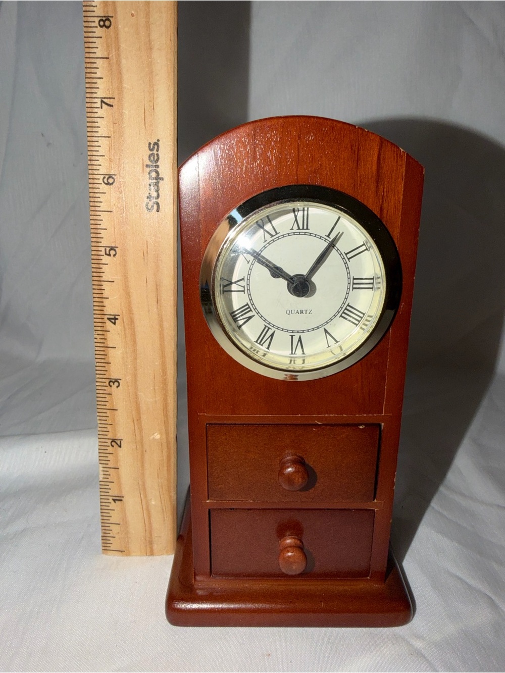 Vintage Wooden Desktop Arched Mantel Clock – 2 Drawer Trinket Jewelry Chest - Picture 8 of 10